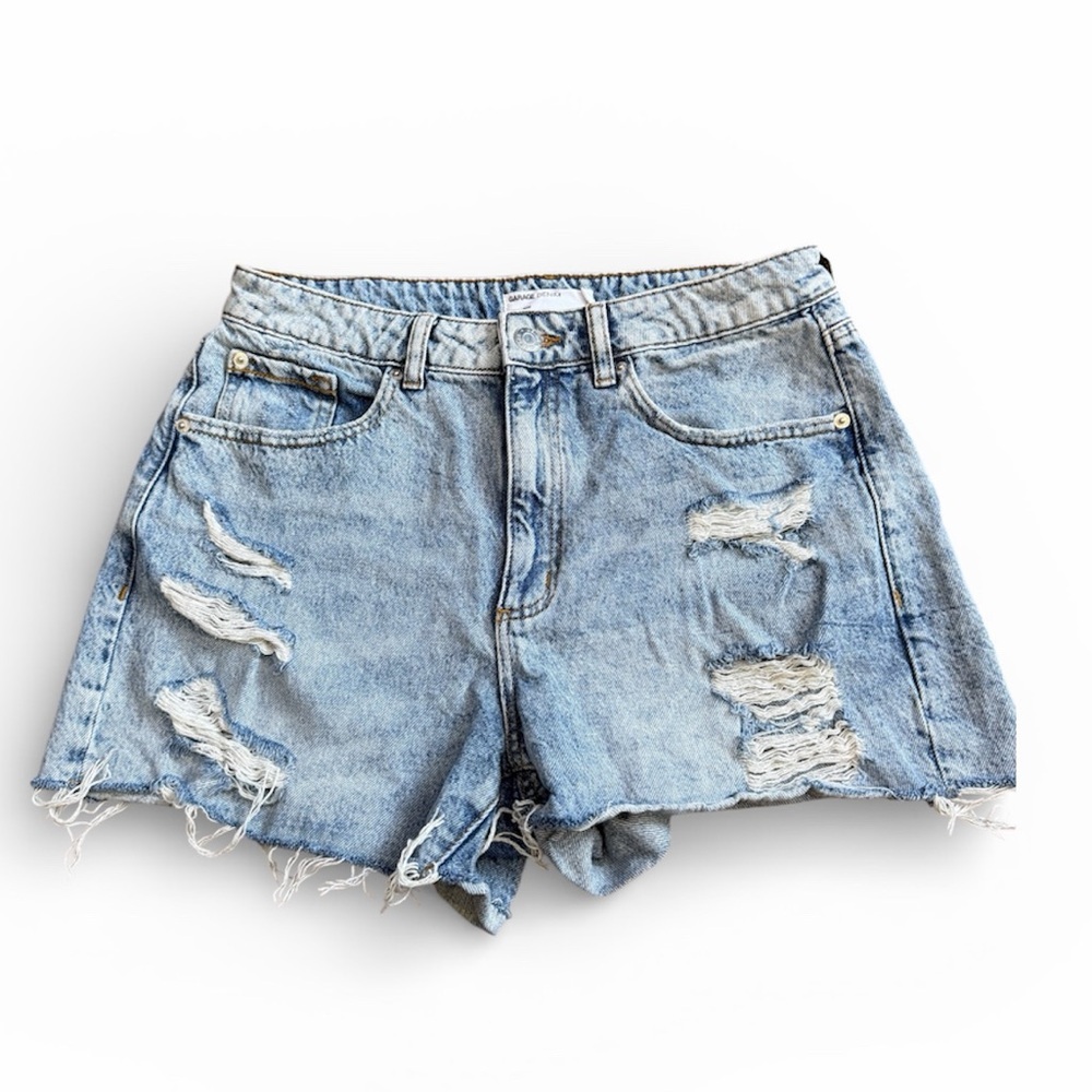 Garage Light Blue Distressed Mom Shorts